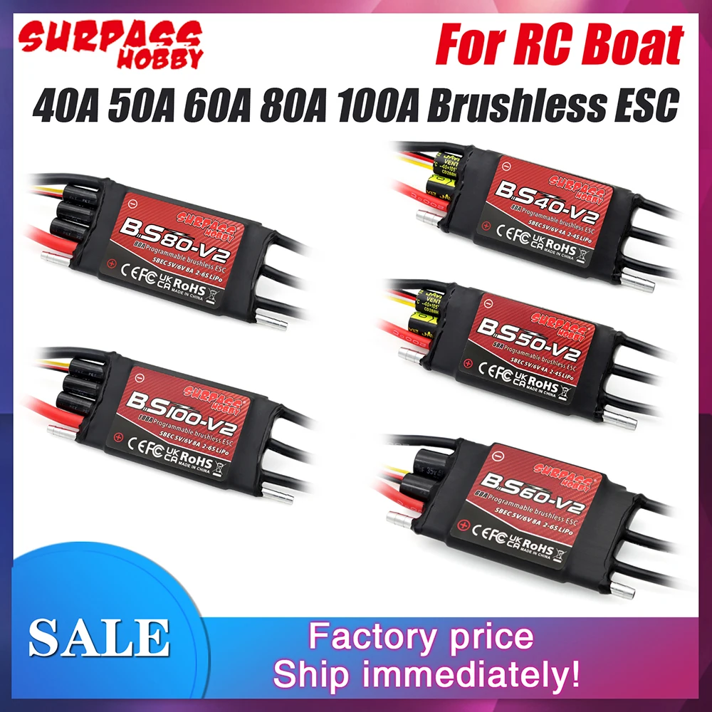 

SURPASS HOBBY Boat Brushless ESC BS-V2 Series 40A 50A 60A 80A 100A Waterproof ESC 32-bit 5V/6V BEC Speed Controller For RC Boat