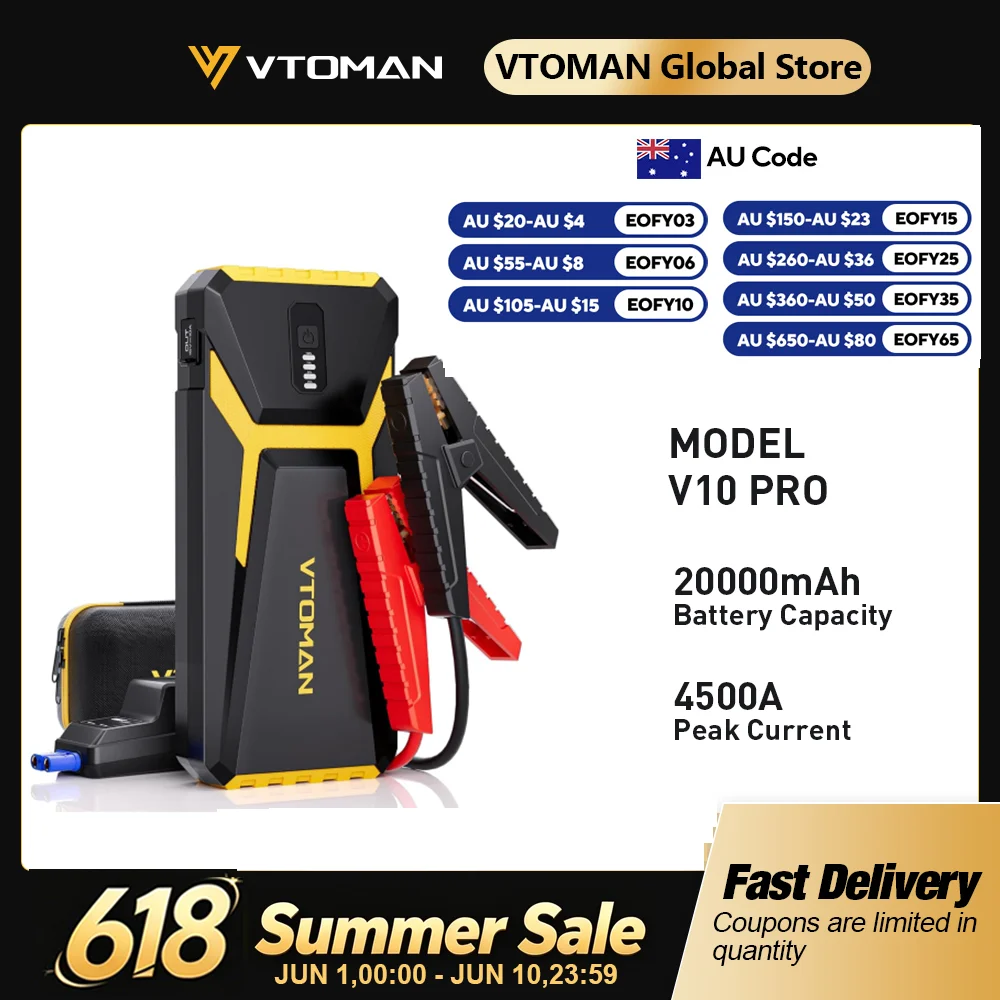 

VTOMAN Power Bank 20000mAh Jump Starter Portable Charger Car Booster 4500A Auto Starting Device Emergency Car Battery Starter