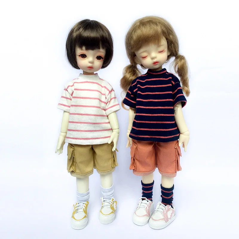 1/ 6 Bjd Doll Clothes Short Sleeve Stripe Long Sleeve T-Shirt Overalls Denim Shorts for 1/6, Yosd, 30cm SD Doll Accessories Toy