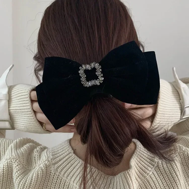 Korean Black Velvet Big Bow Hairpin for Women Luxury Zircon Temperament Hair Clip BB Clip Headwear Hair Accessories 헤어클립