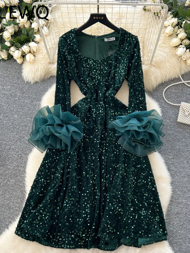 EWQ Women 3D Flower Shaped Sleeve Splicing Temperament Square Neck Sequin Velvet Dress Vestidos Y2k Korean Fashion Autumn 2024