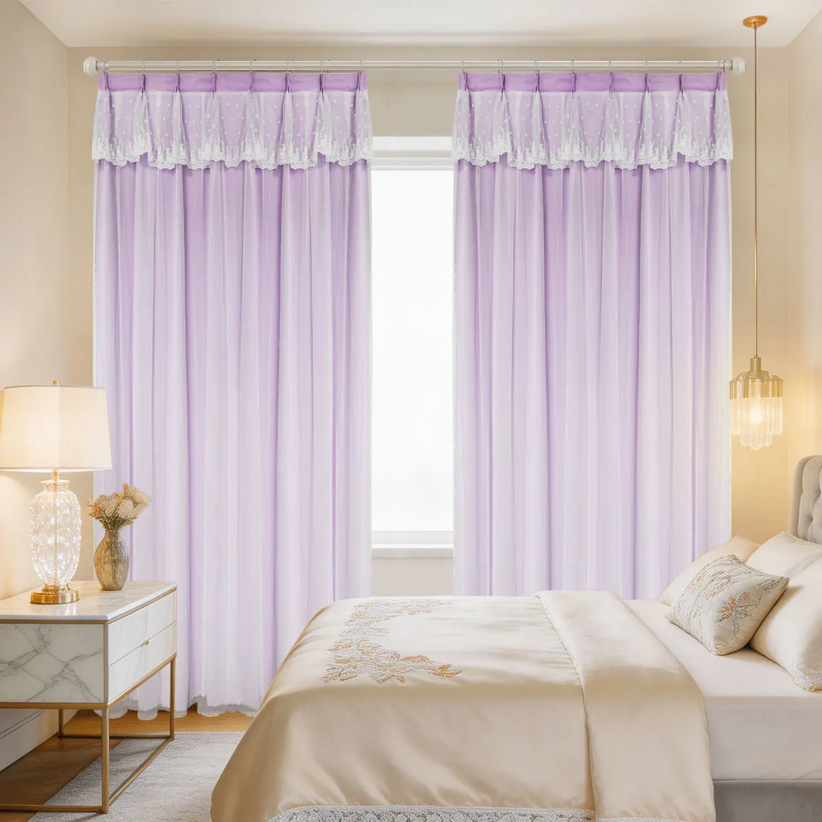 Light Purple Double Layer Lace Valance Medium Shading Korean Adjustable Hook Curtains, Romantic Decor Drapes for Household Windo