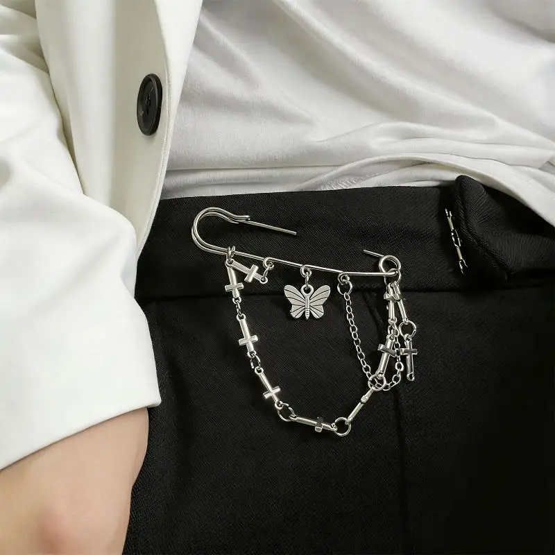 [HS]1Pc Creative Butterfly Cross Double Chain Brooch For Women Men Suit Decoration Tassel Chain Pin Clothing Accessories