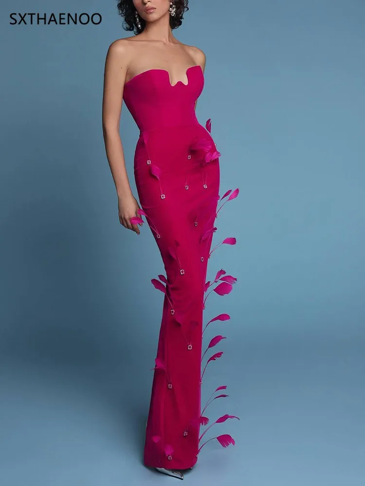 

Feather Prom Dress Sexy Strapless Luxury Crystals Long Summer Bandage Party Evening Gown Formal Sheath Sleeveless Split Robe