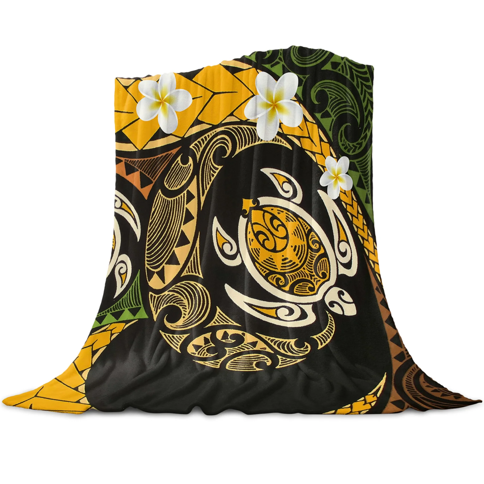 Ethnic Polynesian Texture Flower Sea Turtle Yellow Print Throw Blanket Flannel Fleece Blankets Sofa Couch Bed Bedroom Bedspread