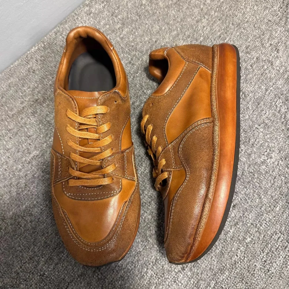 QHCCID Men's Handmade Horsehide Casual Shoes Retro Brown Sneakers Casual Lace-Up Low-Top Shoes for Daily Wear