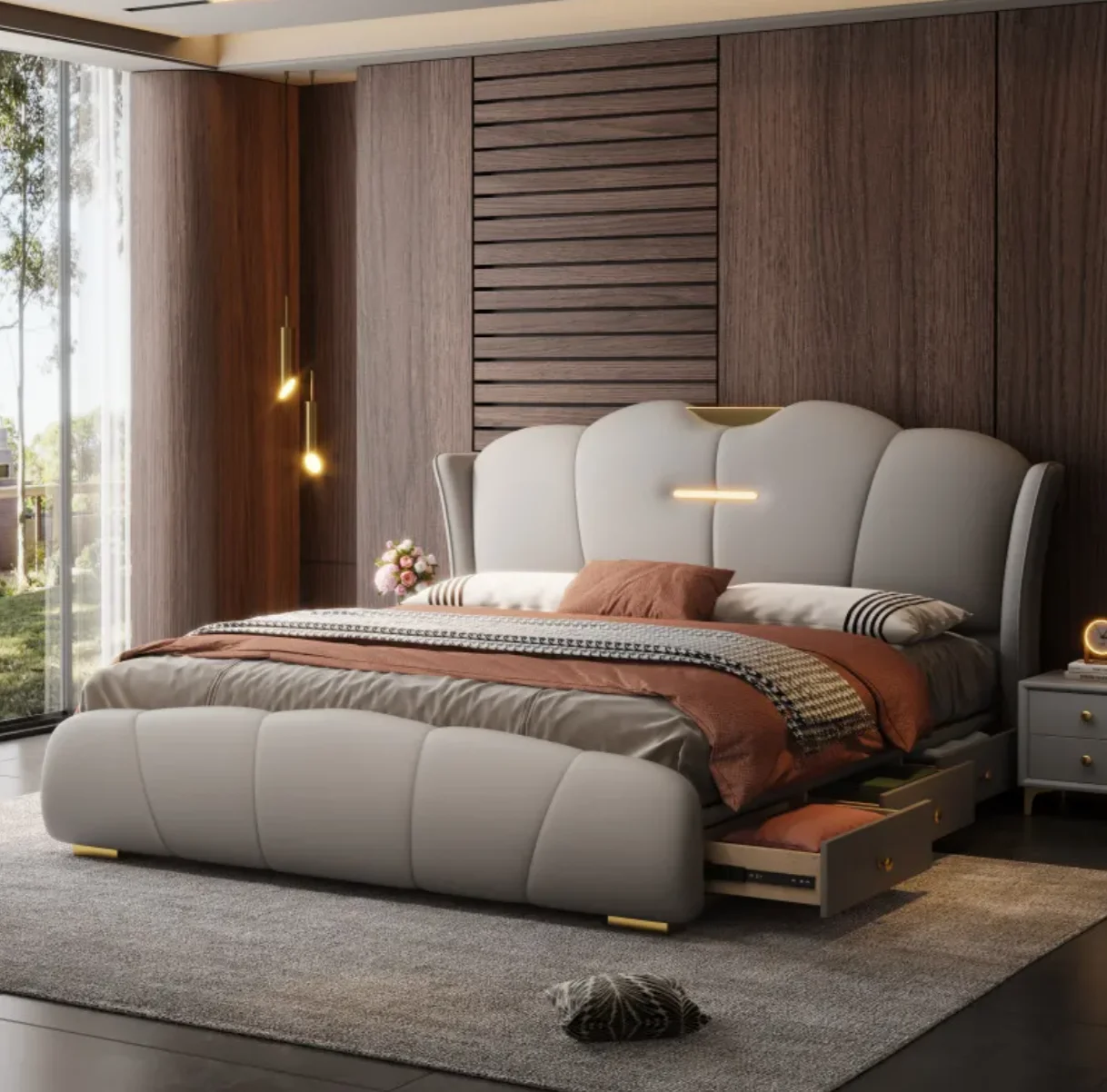 *q for Latest Design Modern Queen Bed Frame Foshan LED Floating Bed King Upholstered Wood Beds Furniture Luxury Full Bedroom*
