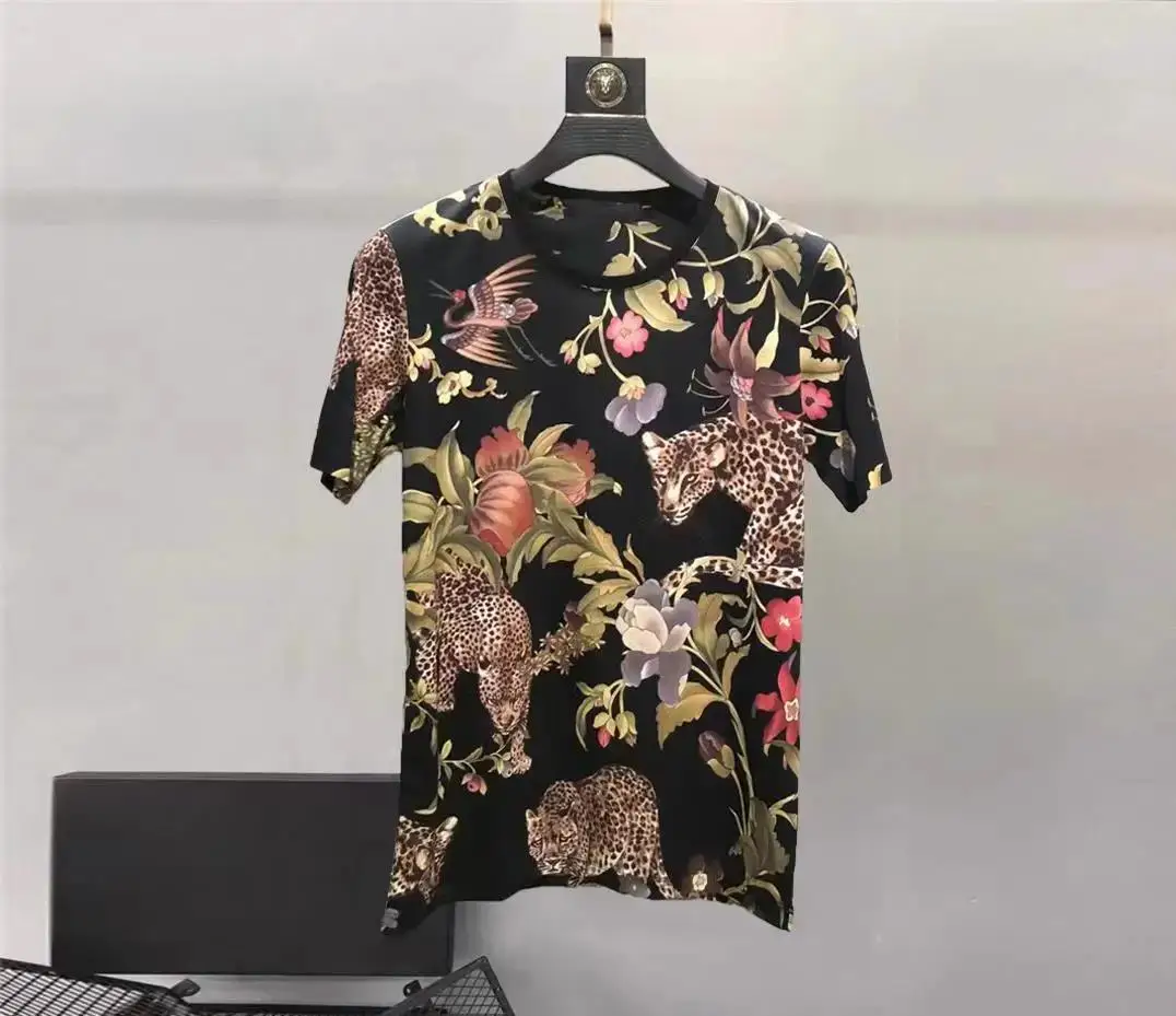 

European and American men's 2023 summer new Round neck and short sleeves fashion Leopard flower print T-shirt
