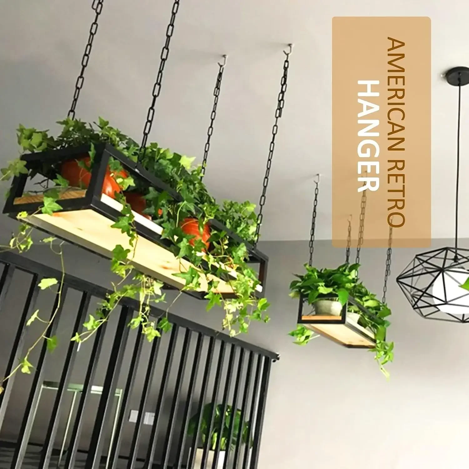 Hanging Retro Floating Flower Shelf Racking, Storage Holder & Flower Pot Display Rack- Black Iron Frame and Wood Board Hanging B