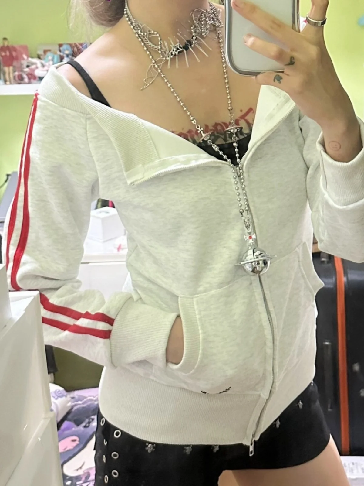 

Retro American Y2K Sexy Girl Slim Grey One-Shoulder Zipper Sweatshirt Jacket Short Long-Sleeve Sport Open Cardigan