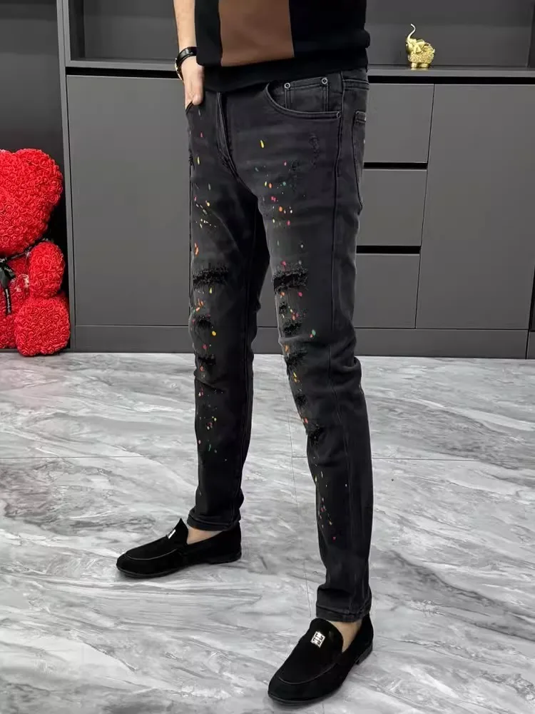 Spring Hole Ripped Fashion Mens Black Jeans Speckled Ink Design Printed Slim Fit Pencil Pants High Street Casual Men Denim Pants