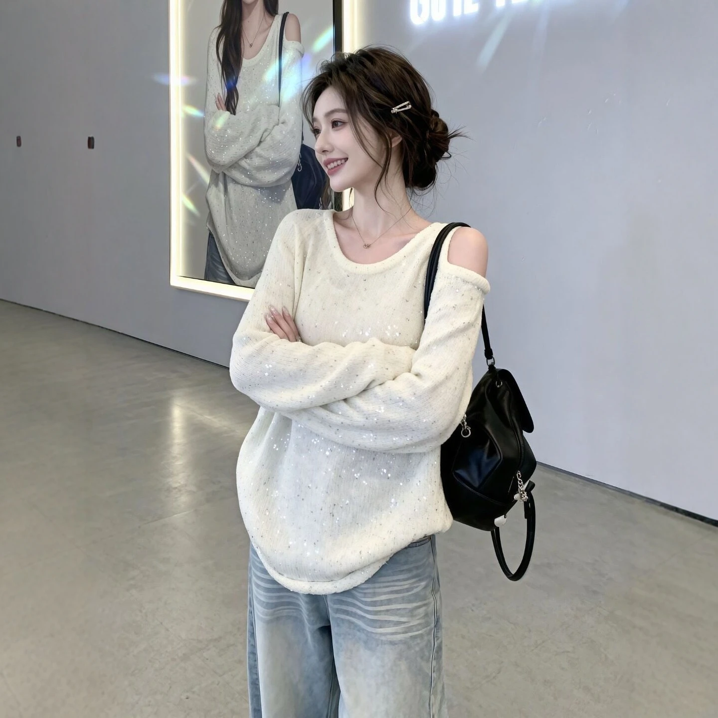 

Spring Loose Women's Knitted Long Sleeve Sequin Shoulder Bared Top Comfortable Mid-Thickening Casual Style Commute Fashion