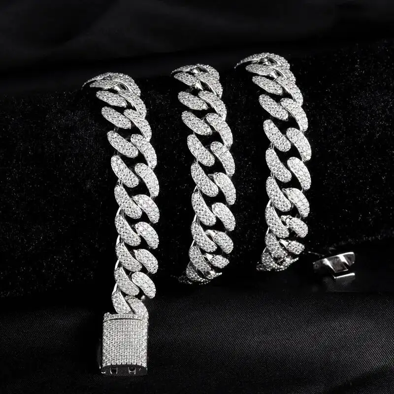 

Fashion Iced Out Vvs Moissanite 2 Rows Miami Gold Cuban Chain Necklace 925 Sterling Silver Diamond Moissanite Cuban Link Chain..