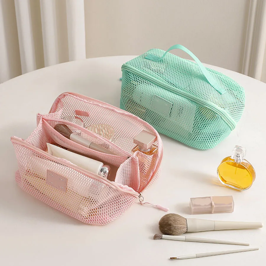 Borsa per trucco portatile in rete di grande capacità con cerniera Custodia per organizer per borsa cosmetica in rete trasparente multistrato quadrata