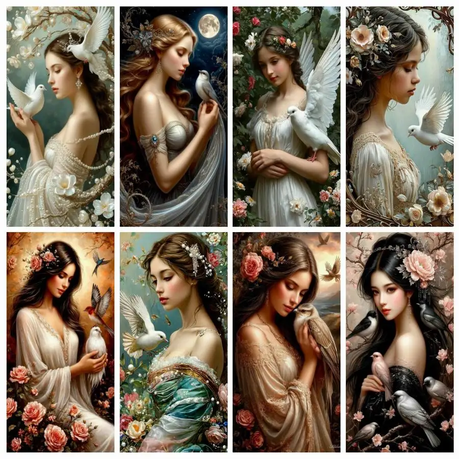 

Fullcang женщина и птицы Diy алмазная живопись наборы для вышивки крестом животное голубь полная мозаика вышивка красивая девушка картина