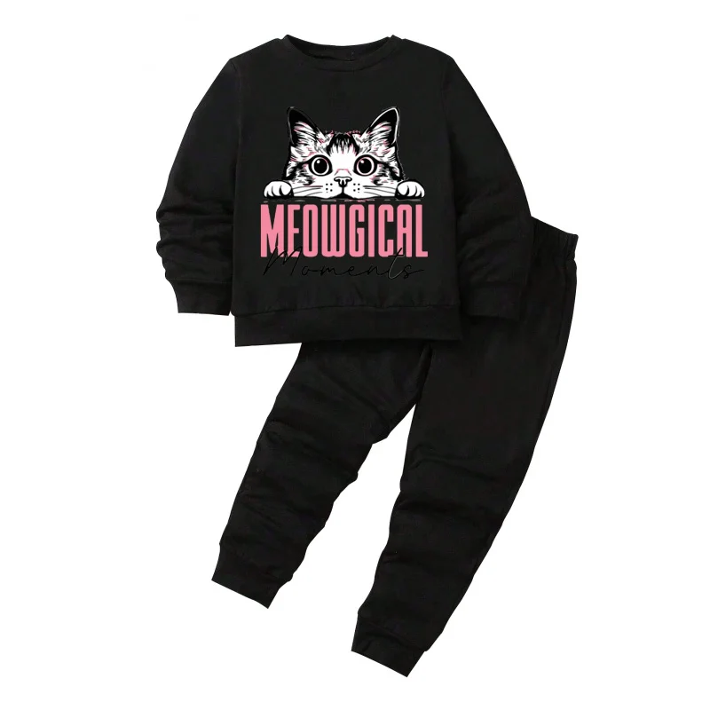 IURNXB طفل أطفال 2 قطعة Sweatsuits ملابس الأطفال مجموعة طويلة الأكمام السراويل العليا القط طباعة ربيع الخريف وتتسابق 1-6Y