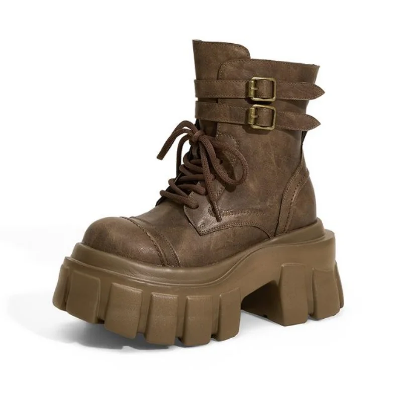 9cm Punk Chunky Platform High Heel Motorcycle Boots Women Winter Metal Belt Buckle Ankle Boots Women Height Increase Booties