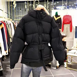 Down Coat Winter Women's Warm Bread Clothes Hooded White Duck Down Jacket Female Casual Match Waist Belt Outer Wear Short Jacket