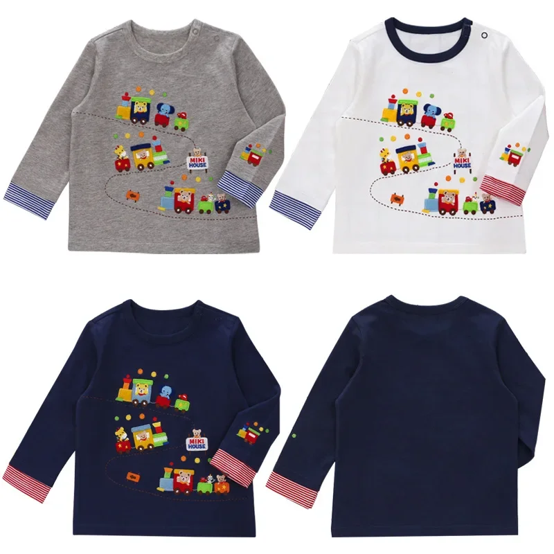 Boys' T-shirt Top White, Gray, Navy Blue, Spring And Autumn Children's Vitality Full Of Animal Train Embroidery Long Sleeves