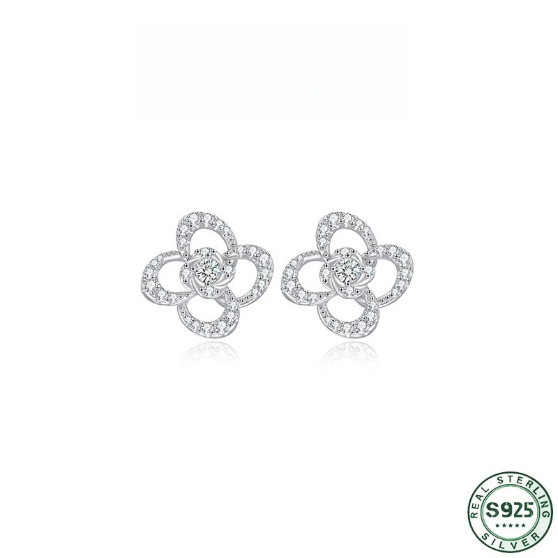 Hot selling four leaf clover zircon earrings for women, fashionable and high-end S925 silver zircon earrings, wedding jewelry