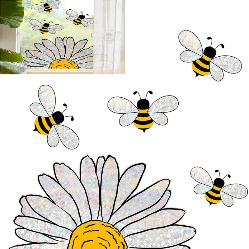 ABKO-Adorable Bees Style Glass Sticker, Bee Window Decals- Sunflower Stained Glass Window Stickers, Sunflower Window Decals