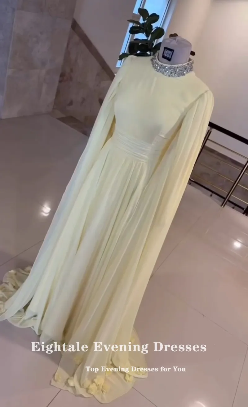 Eightale อาหรับชุดราตรีแขนยาวลูกปัดที่กําหนดเองชีฟองสีเหลืองพรหมงานแต่งงานชุด Abendkleider Hochzeit