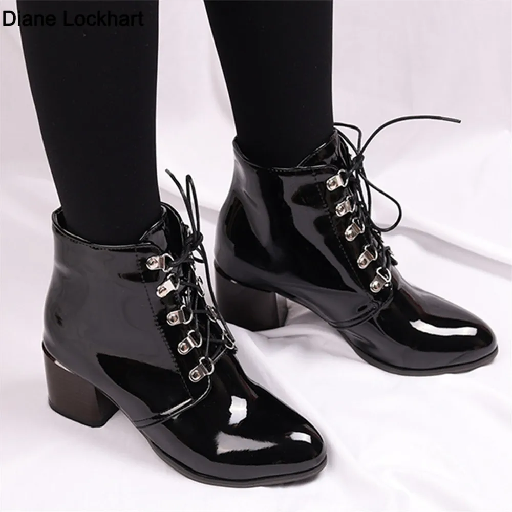 Spring Autumn New Arrival Fashion Shoes Women Boots Lace-up Patent Leather Ankle Boots Pointed Tick Heels Platform Boots Punk 43