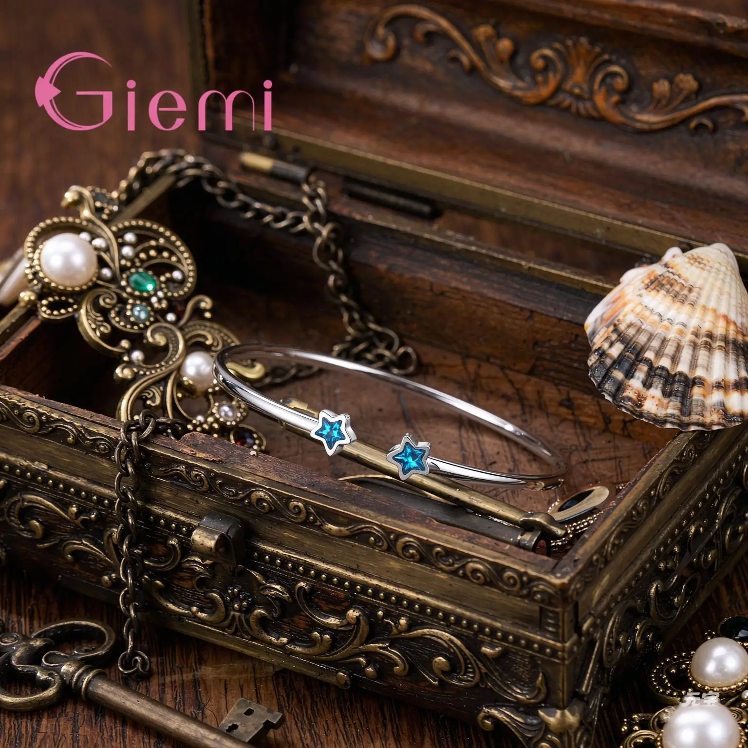 Pretty 925 Sterling Silver Five-point Star Blue Crystal Zircon Open Bangles for Women Girls Weddomg Party Fashion Jewelry Gifts