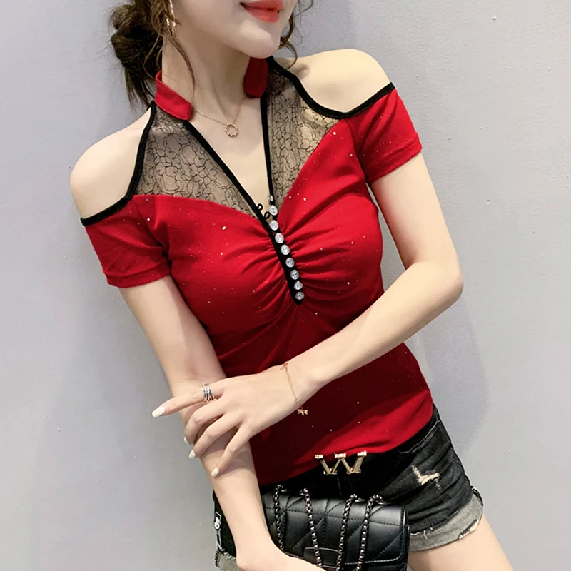 #5149 Black Red Tee Shirt Femme Sexy Spliced Lace Hollow Out Diamonds Slim Short Off Shoulder T-Shirts Women Short Sleeve Summer