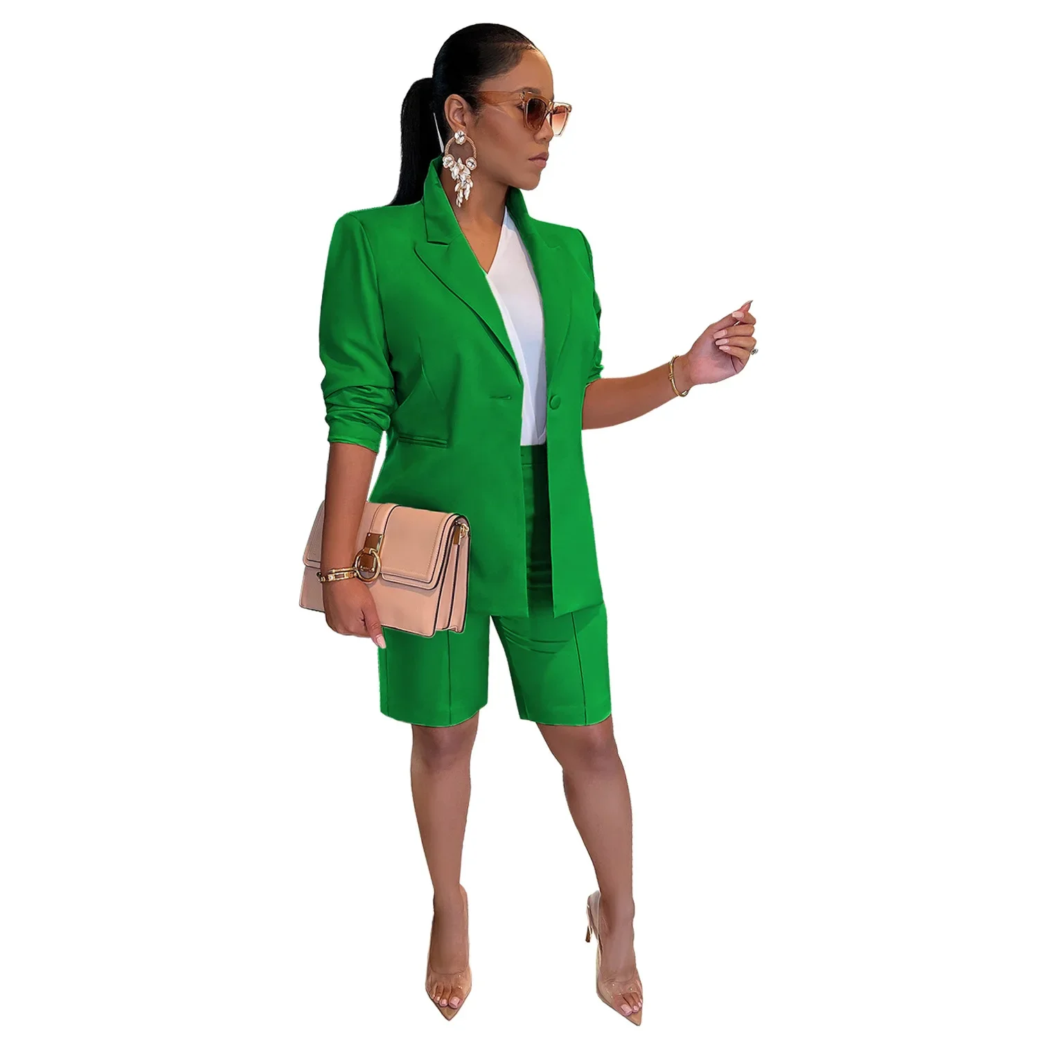 Solid Casual Set di due pezzi per donna completi coordinati completi Blazer a maniche lunghe cappotto e pantaloncini Office Lady eleganti abiti da