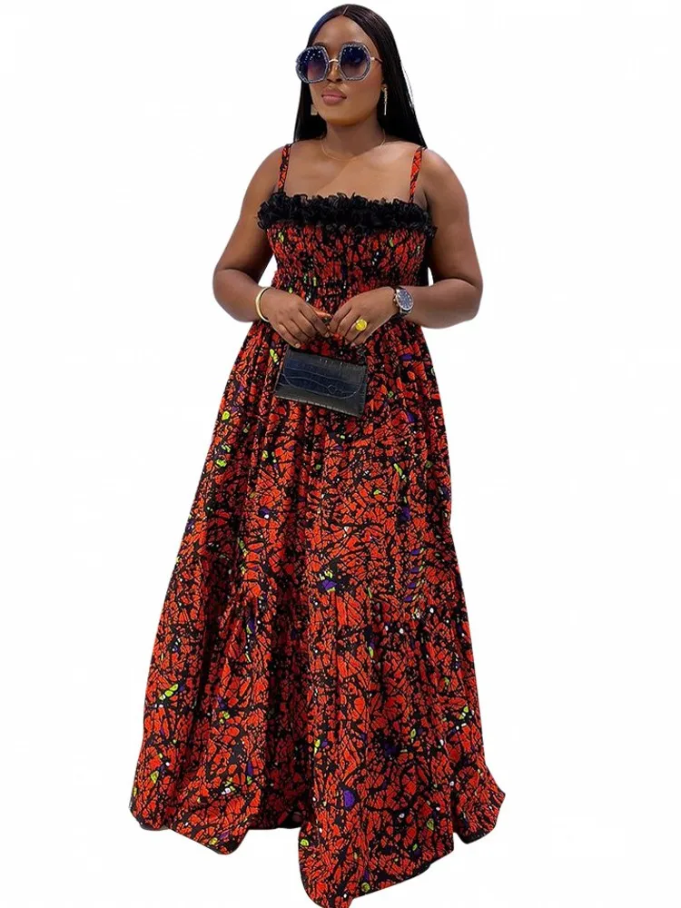 African Dresses For Women Elegant Dashiki Summer Spaghetti Straps Maxi Dress Ladies Traditional Africa Clothing Fairy Long Dress