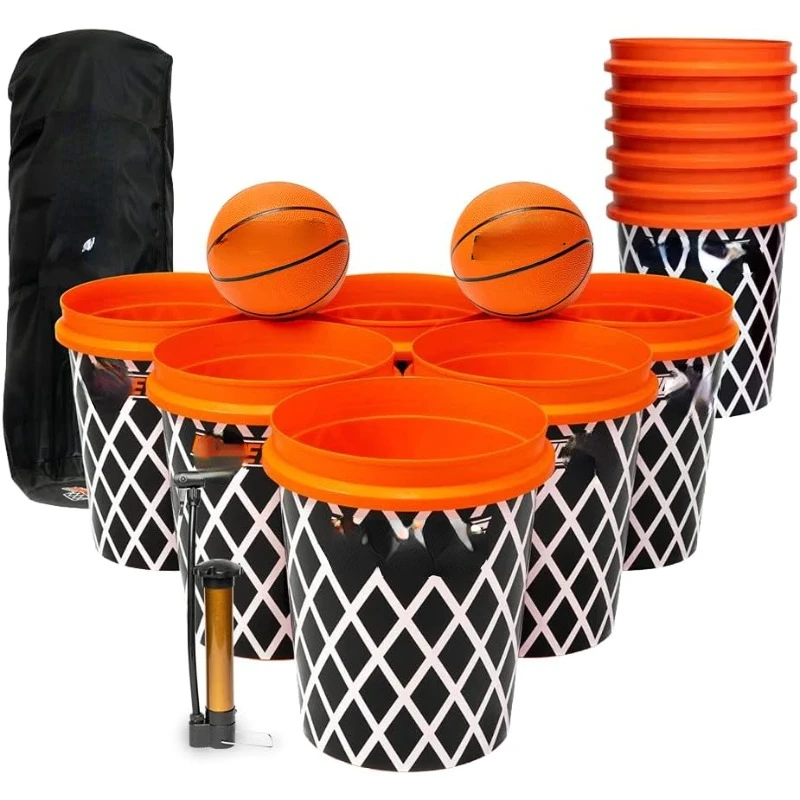 Giant Yard Pong X Basket Ball Game with Durable Balls and Buckets - Outdoor Game for Lawn, Backyard and Beach - Set Includes 12