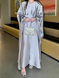 Women Abaya Party 2 Piece Set Dresses Eid Muslim Jalabiya Tassel Ramadan Morocco Dubai Open Kaftan Vestidos Arab Long Robe 2025