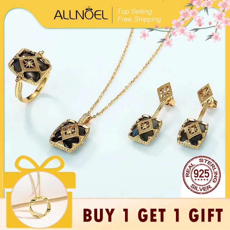 

ALLNOEL Vintage 925 Sterling Silver Natural Labradorite Ring Pendant Earring Fashion Jewelry Christmas Party Gift Accessories