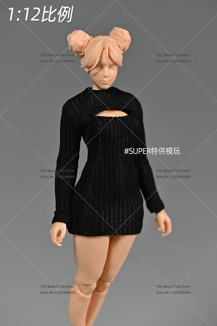 In Stock 1/12 Scale Female Soldier Long Knit Dress Slim Round Neck Solid Color Open Chest Sweater Fit 6inch Action Figure Doll