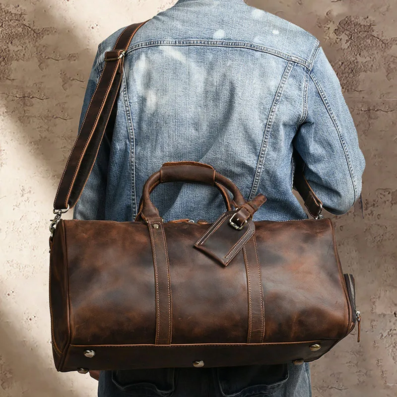 Men's Genuine Crazy Horse Cowhide Leather Travel Duffel Bag Vintage Weekender Overnight Handbag Large Carry On Luggage Totes