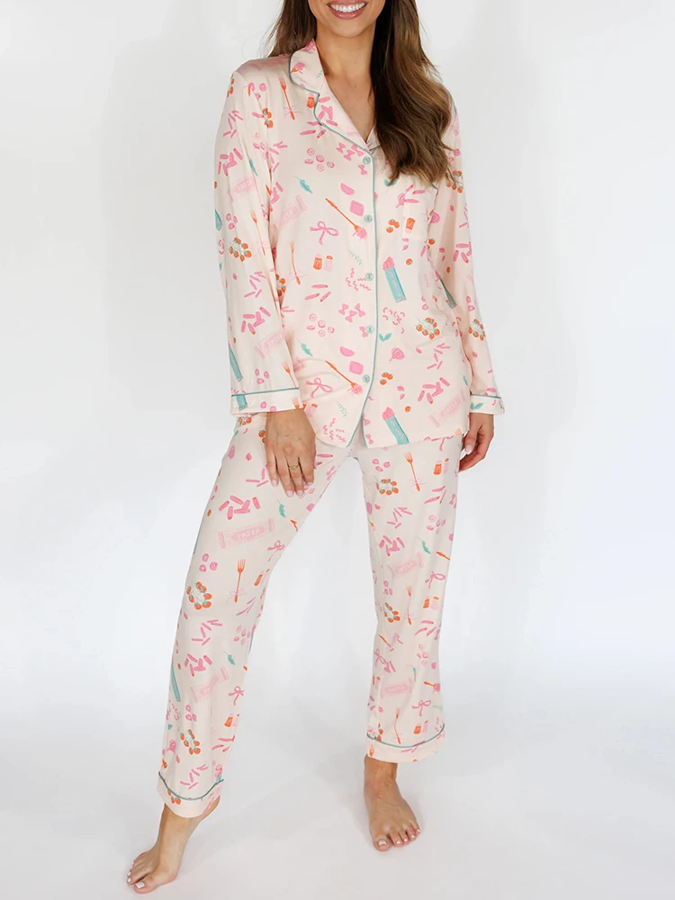 

Hiloc Sweet Style Print Long Sleeve Pocket Full Placket Top Outfit Autumn Elastic Ankle-Length Pants Sets Woman Home Pajama Suit