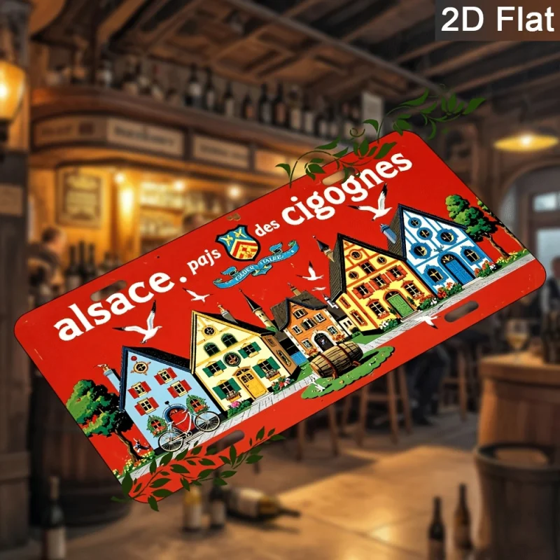 مسطح ثنائي الأبعاد - قطعة واحدة من لافتة معدنية عتيقة من Alsace Pays des Cigognes، ديكور حائط من الألومنيوم، رسم توضيحي للقرية الفرنسية الريفية
