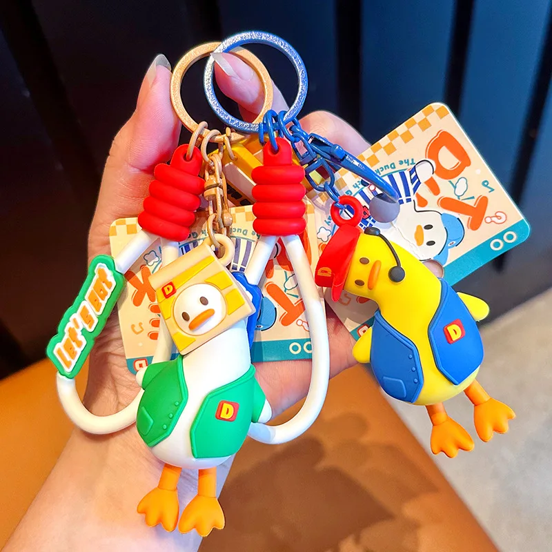 Cartoon Crooked Duck Anime Key Chain Funny French Fries Overalls Duck Doll Keyring Women Men Bag Key Pendant Gift Decoration