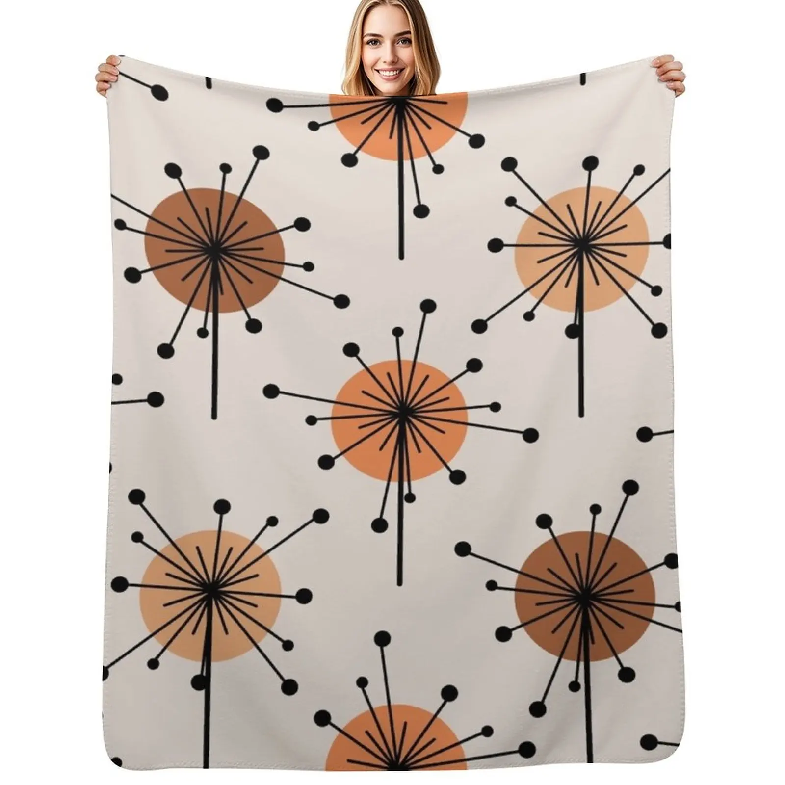 

Atomic Era Sputnik Starburst Flowers Orange Tan Throw Blanket Designers Blankets For Sofas bed plaid manga Blankets