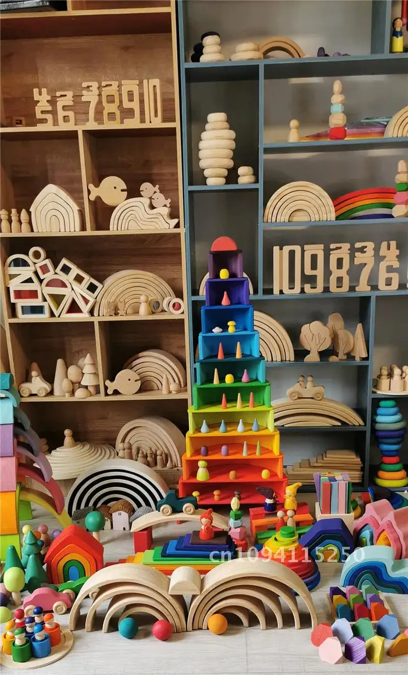 เด็กไม้ Rainbow Arch Stacker Pastel Building Blocks แผ่นของเล่นลูกกึ่งวงกลมซ้อน Unpaint