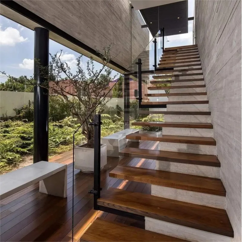 custom.Wall Mounted Floating Staircase Wooden Treads Clean Contemporary Look Open Plan Houses