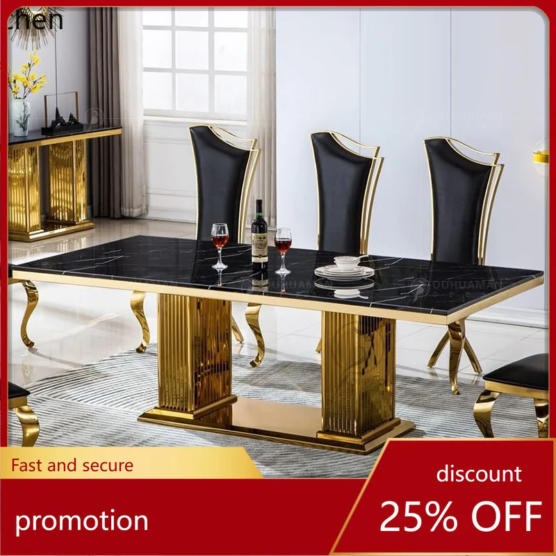 ZML rectangular marble dining table and chair set, table for living room, home, restaurant, villa, stainless steel furniture