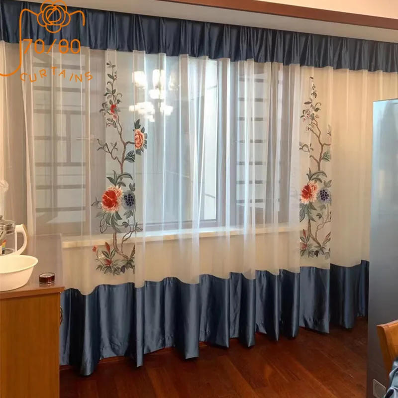 New Chinese Style Embroidered Peony Window Screen Curtains for Living Room Bedroom Balcony Partition Window Screen French Window