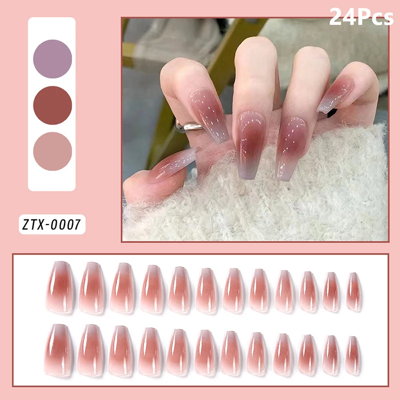 24Pcs Gradient Mid Trapezoid Press On Nails Gel Reusable Nail Tips Temperament Women Full Finished False Nails