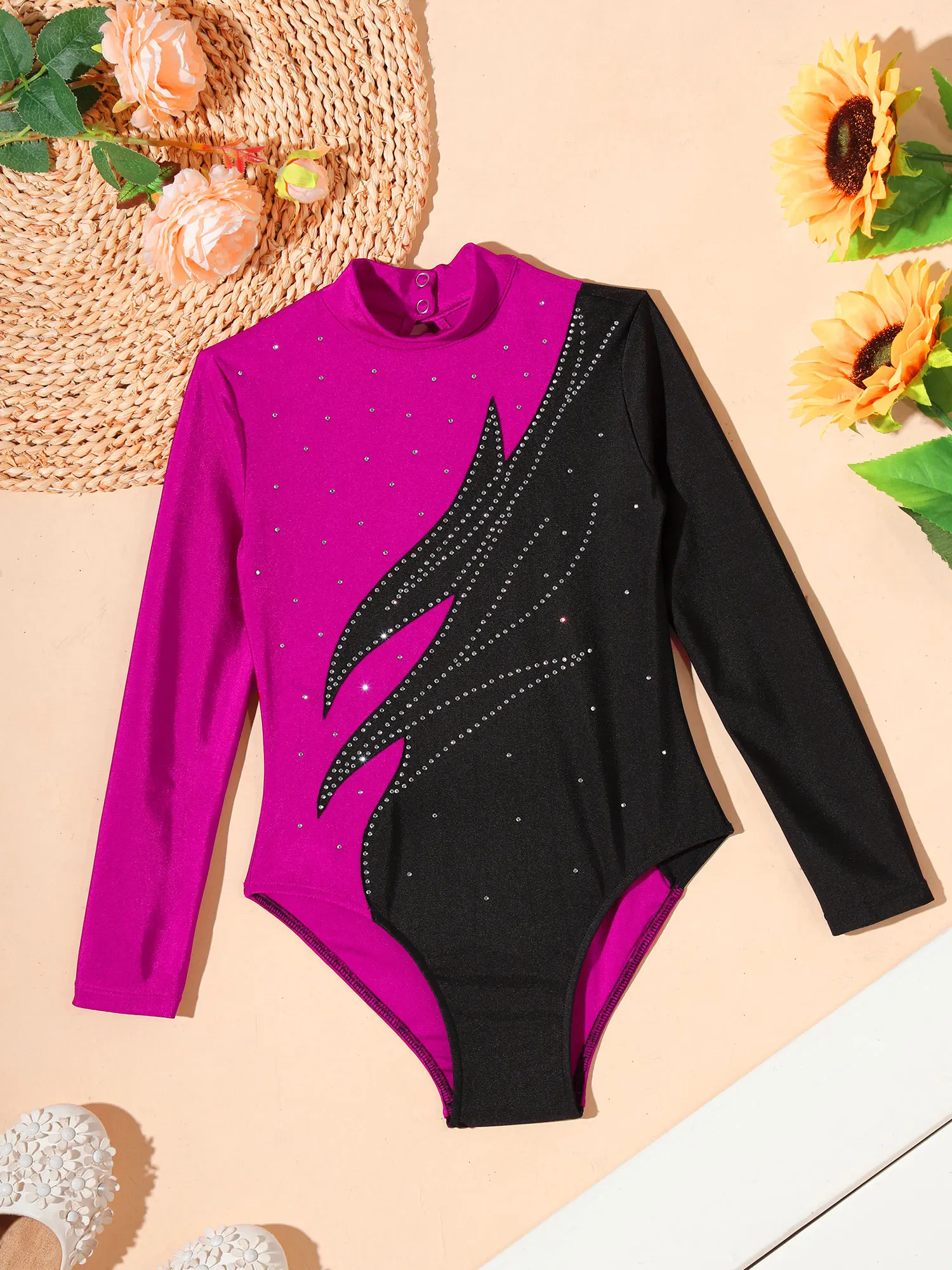 Kids Girls Figure Skating Gymnastics Performance Sets Shiny Rhinestones Leotard Bodysuit with Pants Trousers Ballet Dance Outfit