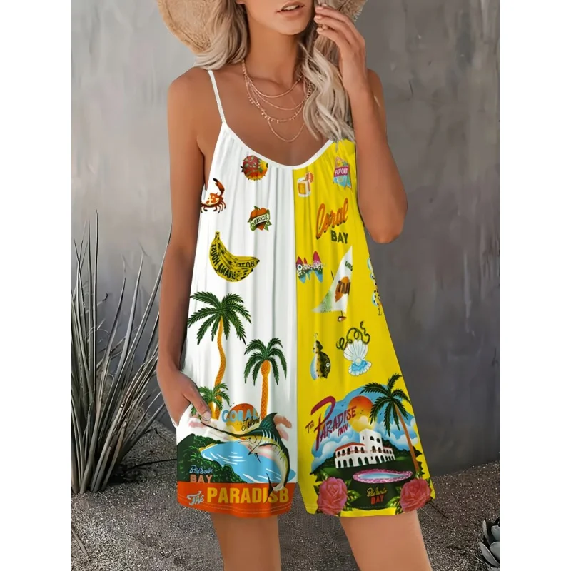 

European and American Fashion Personality Printed Color Block Vacation Casual Tie One-Piece Long Pants