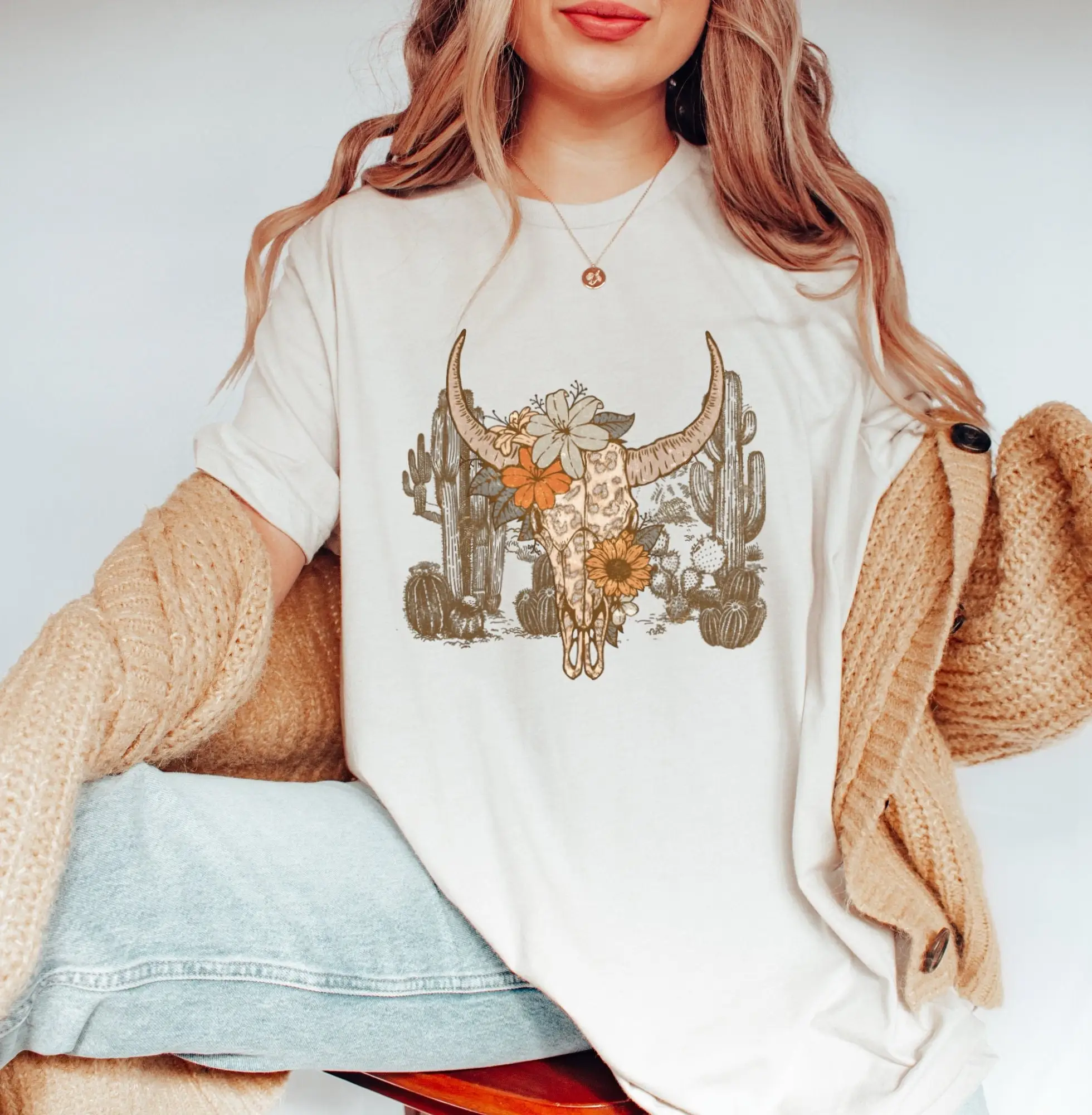 Western Desert T Shirt Cow Skull Leopard Cactus Vibes Cowgirl Cute Retro Vintage Country Style