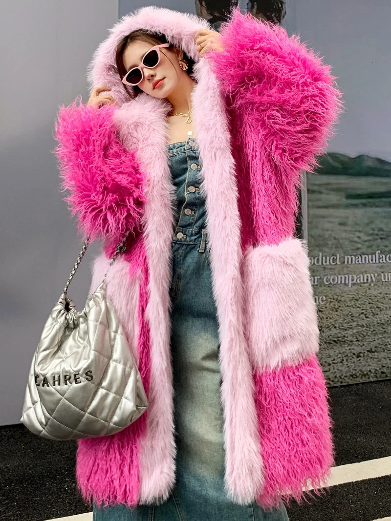 Lady Pink Faux Fur Coat Contrast Color Loose Hooded Long Jacket Female Streetwear Women\'s Winter Coats Performance Costume