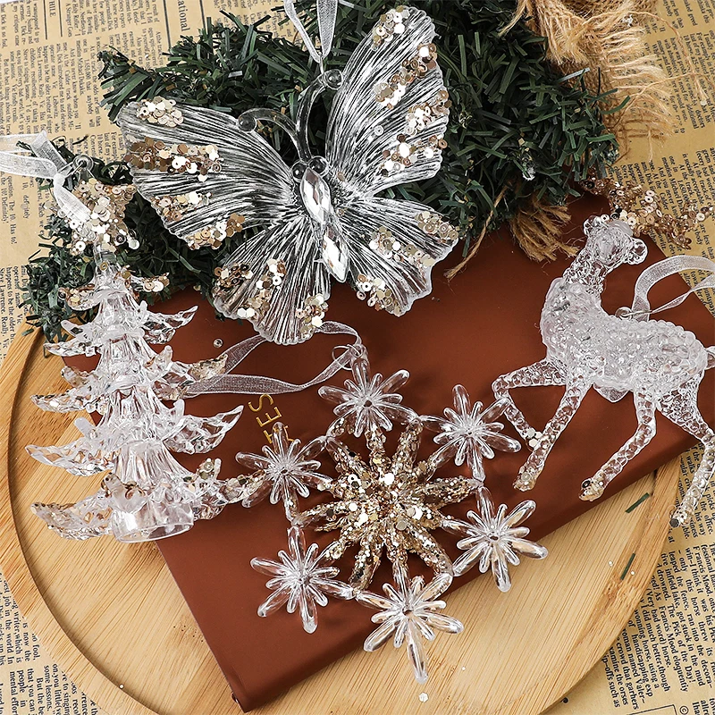 

1PC Crystal Clear Snowflake Christmas Tree Pendants Sequin Angel Elk Xmas Tree Hanging Decoration For Home New Year Party Decor